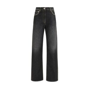 Versace Women Pant Denim Stone Washed Black With Studs